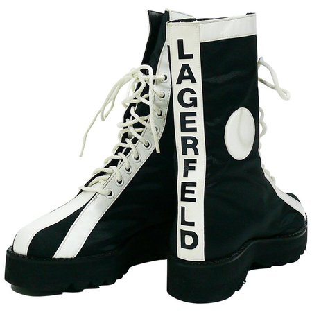 Karl Lagerfeld Vintage Black White Lace Up Combat Boots For Sale at 1stdibs
