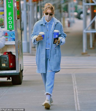 Gigi Hadid wears a blue houndstooth coat as she and her mother Yolanda pick up coffee in Manhattan