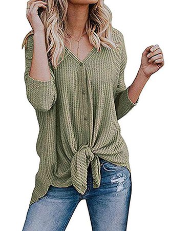 Roselux Womens Henley Shirts Long Sleeve Waffle Knit Tunic Blouse Tie Knot Button Down Loose Fitting Tops (Green, S) at Amazon Women’s Clothing store: