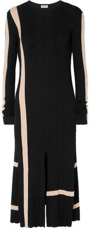 Striped Ribbed Cotton Midi Dress - Black