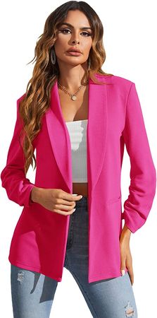 WDIRARA Women's Long Sleeve Open Front Blazer Casual Work Office Jacket Pink S