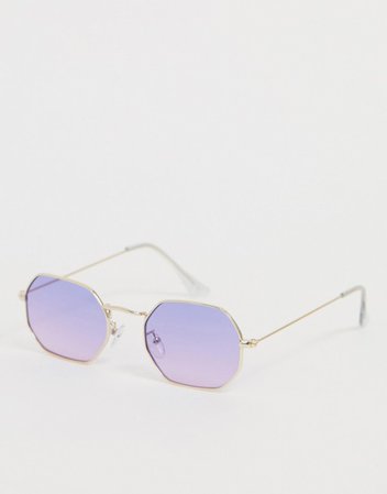 ASOS DESIGN metal angled sunglasses in pale gold with lilac lenses | ASOS