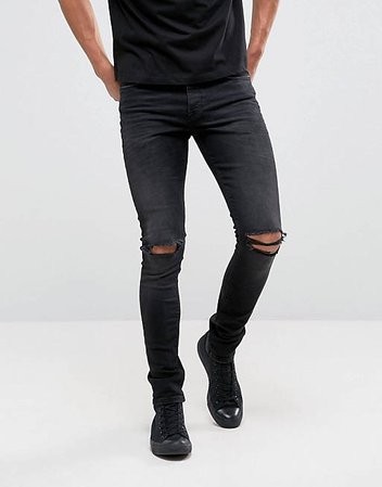 ASOS DESIGN super skinny 12.5oz jeans with knee rips in washed black | ASOS