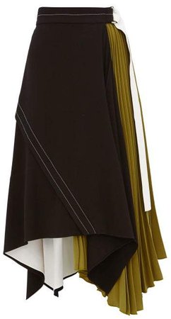 Pleated Leather Trim Matte Crepe Skirt - Womens - Black Green