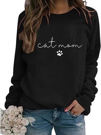 Womens Cat Mom Sweatshirt Cute Paw Graphic Long Sleeve Crewneck Pullover Tops Casual Loose Lightweight Shirts Cat Mama at Amazon Women’s Clothing store