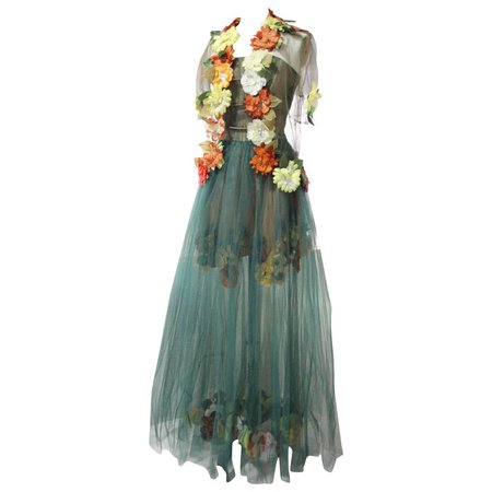 1950s Moss Green Tulle Gown Ensemble w Multi-Color Silk Flower Applique For Sale at 1stdibs