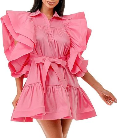 LUXRUB 2023 Women's Casual Cute Mini Dress Lapel Solid Color Ruffled Cap Sleeves High Waist A-Line Hem Loose Dresses at Amazon Women’s Clothing store