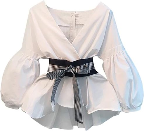 Women's Lantern 3/4 Sleeve V Neck Ruffle Blouse with Waist Belt Wrap Peplum Tops Blouse at Amazon Women’s Clothing store