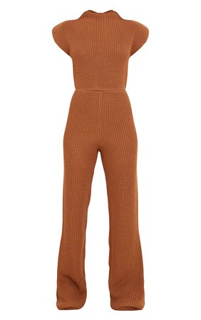 Rust Shoulder Pad Knitted Wide Leg Jumpsuit | PrettyLittleThing USA