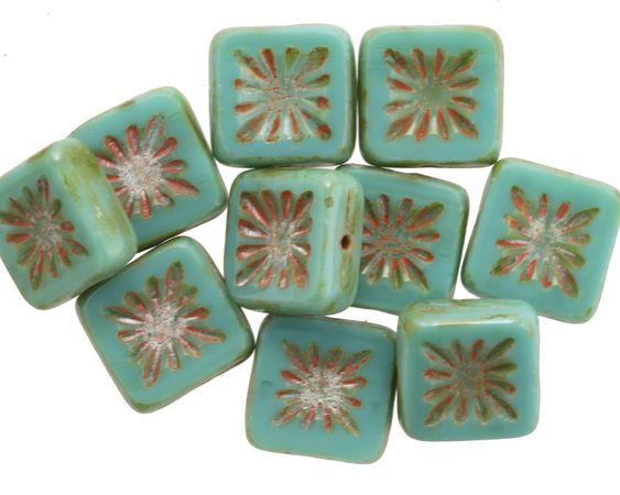 Czech Glass Green Turquoise Picasso Flower Window Square 10mm - Lima Beads