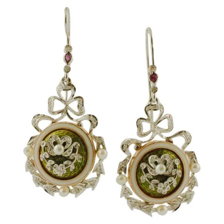 Diamonds, Rubies, Pearls, 14 Karat White Gold and Enamel Vintage Dangle Earrings For Sale at 1stDibs