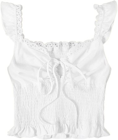 SheIn Women's Summer Sleeveless Ruffle Strap Tie Neck Cute Cami Tank Top Small White Blouse at Amazon Women’s Clothing store