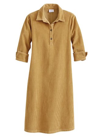Cotton Corduroy A-Line Dress With 3/4 Sleeves