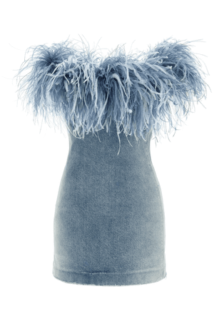 Saint Laurent | Denim Mini Dress With Feathers In Blue