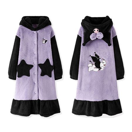 Kuromi Sweet Purple Flannel Pajamas Dress Ear Bowknot Sleepwear Winter Warm Robe | eBay