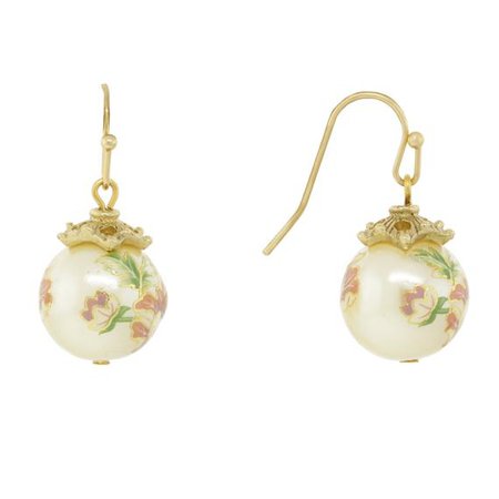 1928 Jewelry Gold Tone Floral Pearl Decal Wire Drop Earrings