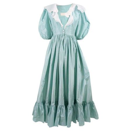 Catherine Walker Vintage 1980s Turquoise Silk Taffeta Ruffle Evening Gown Dress For Sale at 1stDibs