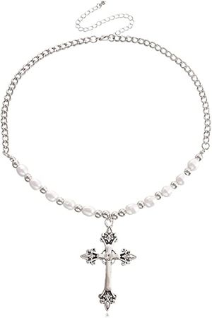 Inateannal Silver Cross Necklace for Women Gothic Pearl Beads Clavicle Chain Necklace Statement Necklace Chain Y2K Jewelry for Women Girls : Amazon.co.uk: Fashion