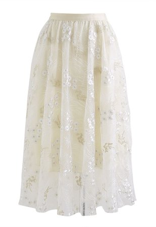 Divine Daisy Embroidered Mesh Tulle Skirt in Cream - Retro, Indie and Unique Fashion