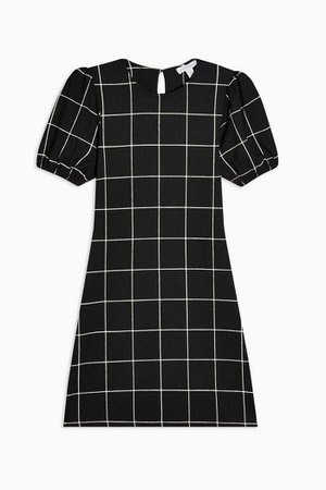 Black and White Check Crinkle Puff Sleeve Mini Dress | Topshop