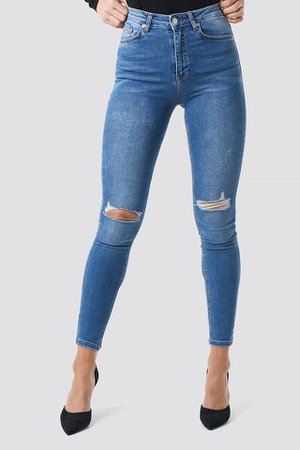Skinny High Waist Destroyed Jeans Mid Blue | na-kd.com