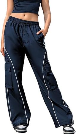 Amazon.com: EVALESS Baggy Cargo Pants for Women Workout Athletic Hiking Track Lightweight Jogger Pants Girls Drawstring Casual Wide Leg Trousers with Pockets Blue Small : Clothing, Shoes & Jewelry