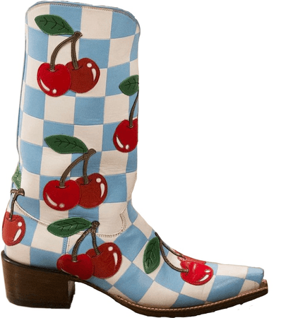 blue checkered cherry cowboy boots