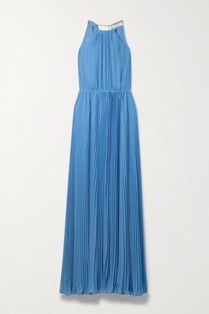 Chain-embellished Plisse-georgette Halterneck Maxi Dress - Light blue