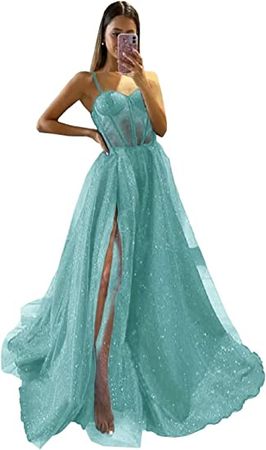 SUOLUOS Women's Glitter Tulle Prom Dresses Long 2023 Spaghetti Straps Sweetheart Formal Evening Party Gowns with Slit at Amazon Women’s Clothing store