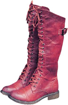 Amazon.com | Huntarry Retro Lace Up Boots for Women Round Toe Low Heel Knee High Combat Boots Red | Knee-High
