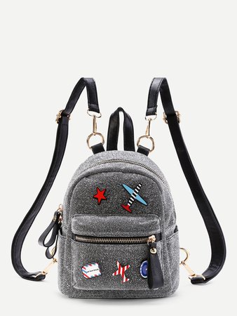 Airplane And Star Patch Backpack With Adjustable Strap