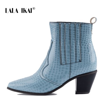 LALA IKAI Women Winter Ankle Boots Square Heels Blue Pu Leather Flock Autumn Bota Feminina Stiletto Mid Heels Boots XWC4051 4-in Ankle Boots from Shoes on Aliexpress.com | Alibaba Group