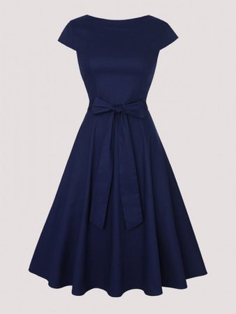Navy Blue Bow Pleated Draped Round Neck Short Sleeve Elegant Prom Midi Skater Dress - Midi Dresses - Dresses