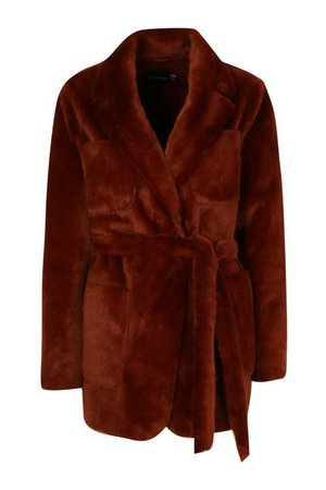 Faux Suede Lined Faux Fur Belted Wrap Coat | Boohoo brown