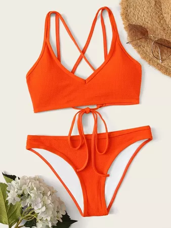 Neon Orange Crisscross Strappy Bikini Swimsuit | ROMWE USA