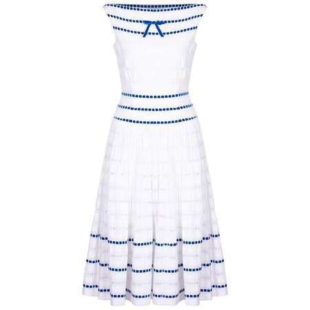 1950s Italian Couture White Broderie Anglaise Dress with Blue Ribbon Work For Sale at 1stdibs