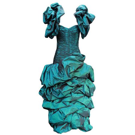 Loris Azzaro Haute Couture peacock blue cocktail dress, 1980s For Sale at 1stdibs