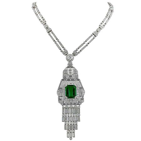 Diamond Emerald Platinum Necklace For Sale at 1stDibs