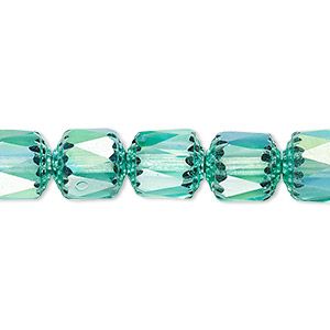 Bead, Czech dipped décor glass, teal Apollo AB, 10mm round cathedral. Sold per 15-1/2" to 16" strand. - Fire Mountain Gems and Beads