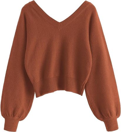 ZAFUL Women's Cropped Sweater V-Neck Long Sleeve Crop Sweater Pullover Jumper Knit Top (1-Brick Red, XL) at Amazon Women’s Clothing store