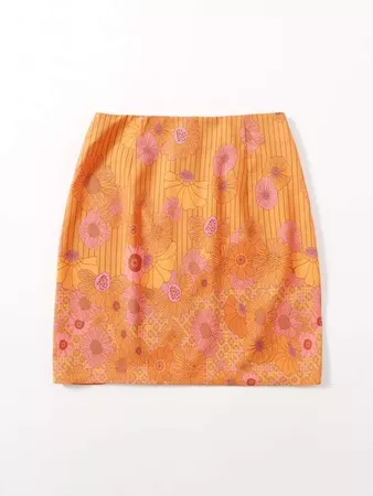 Floral Print Zip Back Skirt | SHEIN USA orange