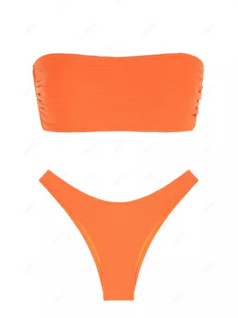 Ribbed Lace Up Bandeau Cheeky Bikini Set In ORANGE | ZAFUL 2024