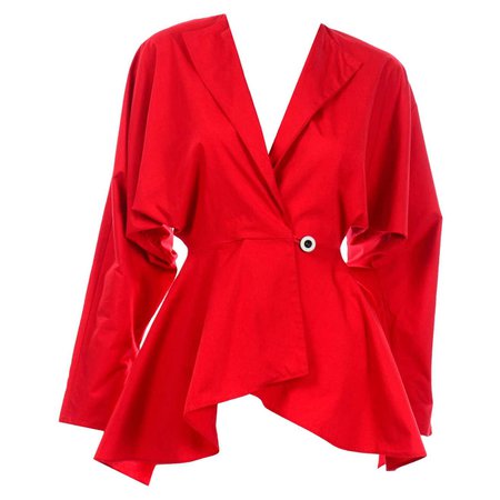 Norma Kamali Vintage Red Cotton Peplum Summer Jacket For Sale at 1stDibs