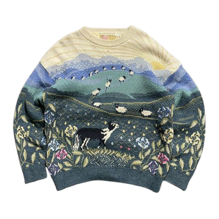 Vintage handknit landscape knit Abstract 80’s Funky Simply splendid sheep and dog graphic knit sweater