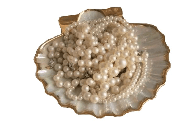pearl necklace on a clam tray