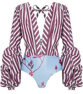 Floure Striped Cotton-blend Poplin And Floral-print Stretch-jersey Bodysuit