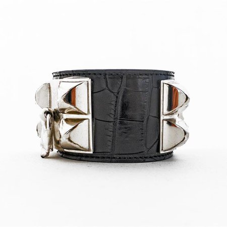Hermes Matte Black Crocodile Gator PHW Collier de Chien CDC Leather Cuff Bracelet | World's Best