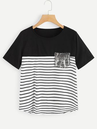 Contrast Sequin Striped Tee | SHEIN