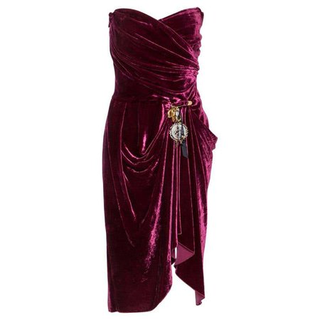 Dolce and Gabbana Burgundy Velvet Draped Strapless Dress M For Sale at 1stDibs