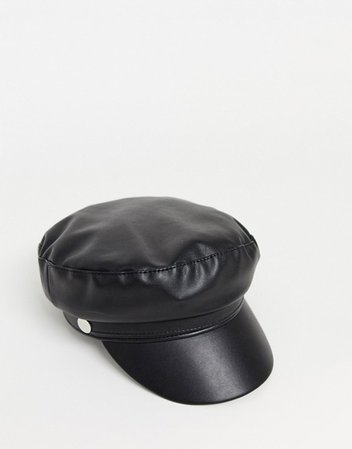 Stradivarius faux leather bakerboy hat in black | ASOS